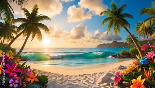 Vibrant tropical beach background with flowers and palm trees