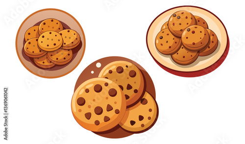 Delicious chocolate chip cookies on plates illustration