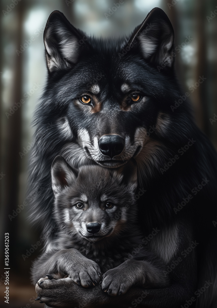 Close-up portrait-style digital painting or rendering of an adult wolf and a wolf pup. The adult wolf is predominantly dark, almost black, with hints of grey, exhibiting a thick, long coat of fur. Close-up portrait-style digital painting or rendering of an adult wolf and a wolf pup. The adult wolf is predominantly dark, almost black, with hints of grey, exhibiting a thick, long coat of fur.