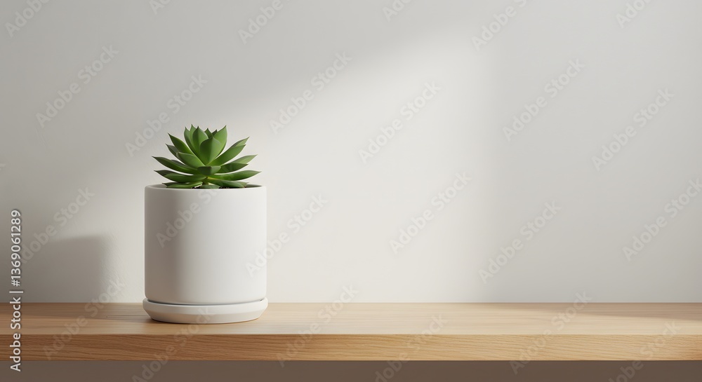 Fototapeta premium Small Green Succulent Plant in White Pot on Wooden Shelf