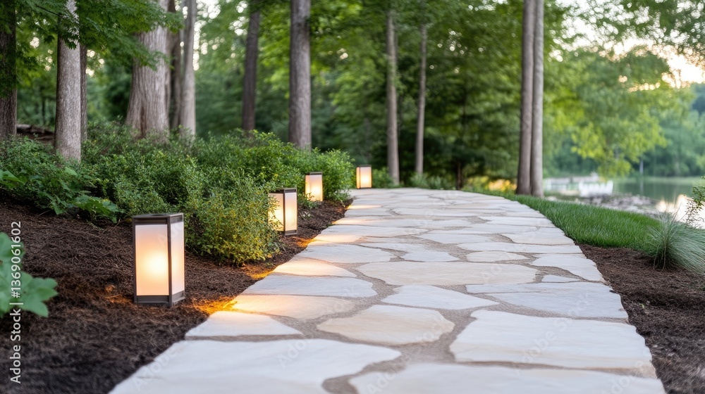 Fototapeta premium Elegant stone pathway lined with landscape lighting