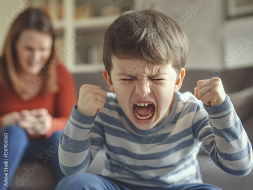 Close-up shot of a young boy experiencing a tantrum, his face contorted in anger, mouth open in a scream, and fists clenched.  The image features a shallow depth of field, with the boy in sharp focus