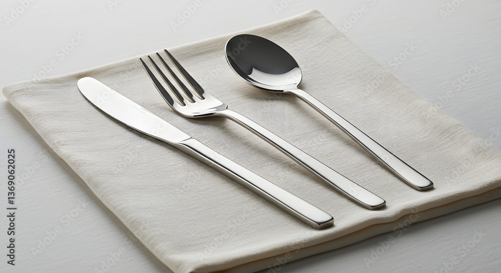Silver Cutlery Set on Beige Linen Napkin: Knife Silver Cutlery Set on Beige Linen Napkin: Knife