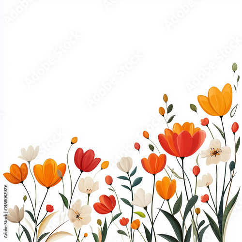 An illustrated arrangement of colorful spring wildflowers, set against a clean white background. Created with Generative AI technology