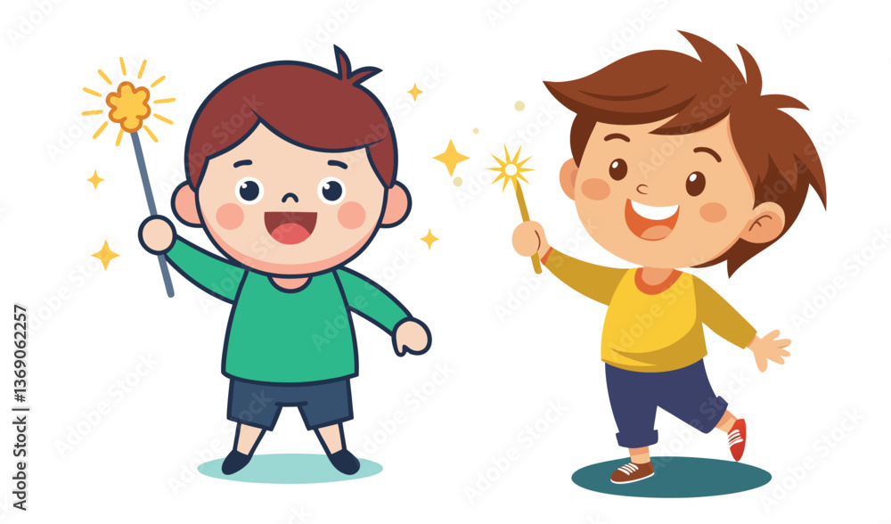 Illustration of kids playing diwali crackers flat doodle set Illustration of kids playing diwali crackers flat doodle set