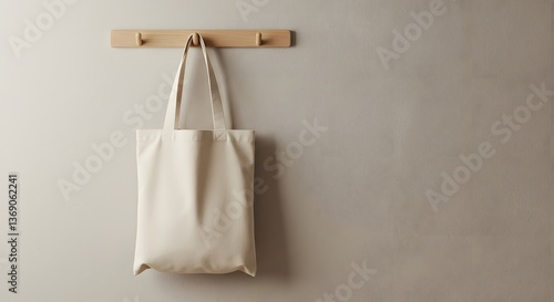 Beige Canvas Tote Bag Hanging on Wooden Wall Hook