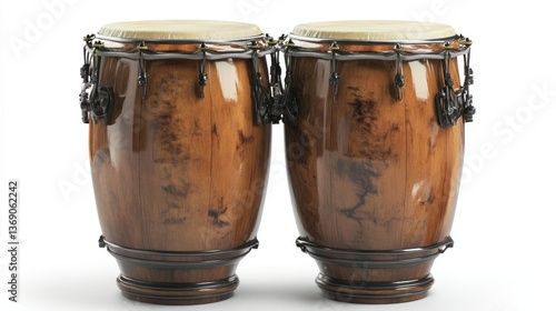 A pair of conga drums, wooden with beige heads, isolated on a white background.