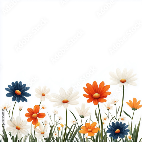 An illustrated arrangement of colorful spring wildflowers, set against a clean white background. Created with Generative AI technology