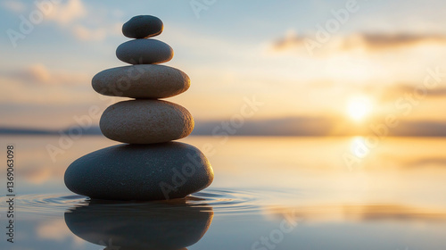 Close-up shot of five smooth, grey stones delicately balanced on top of each other, standing in shallow, calm water. The water reflects the warm colors of a sunset, with a bright orange sun partially
