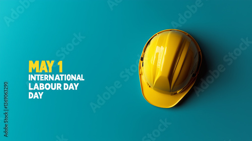 High-angle, close-up view of a yellow hard hat positioned on a solid teal background. The hard hat is centrally located, exhibiting a glossy, smooth texture.  The background is uniformly colored,