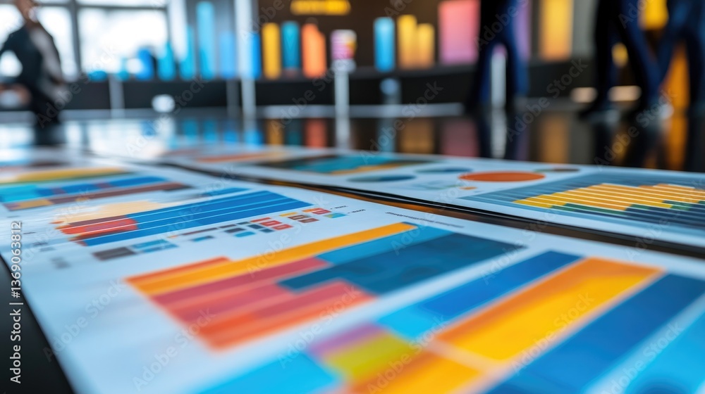 Conference table with market research charts and digital marketing analytics spread across it. Conference table with market research charts and digital marketing analytics spread across it.