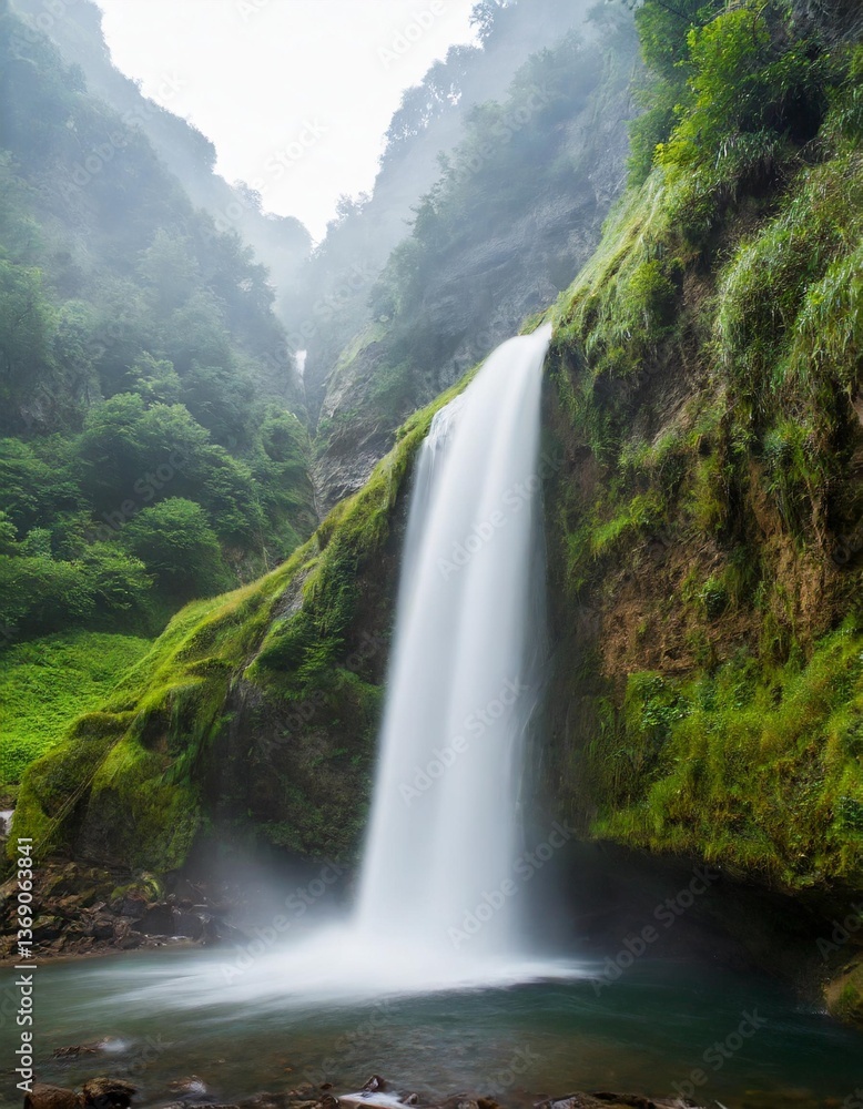 Fototapeta premium Waterfalls Pouring Down Rocks Into Mist in a Hidden Green Valley