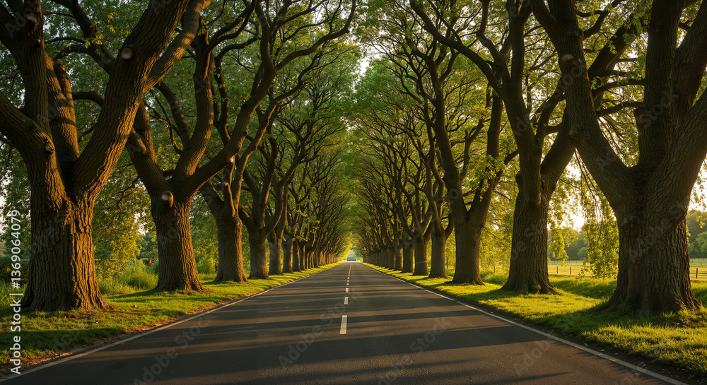 Tree-lined road in sunlight with vibrant green foliage Tree-lined road in sunlight with vibrant green foliage