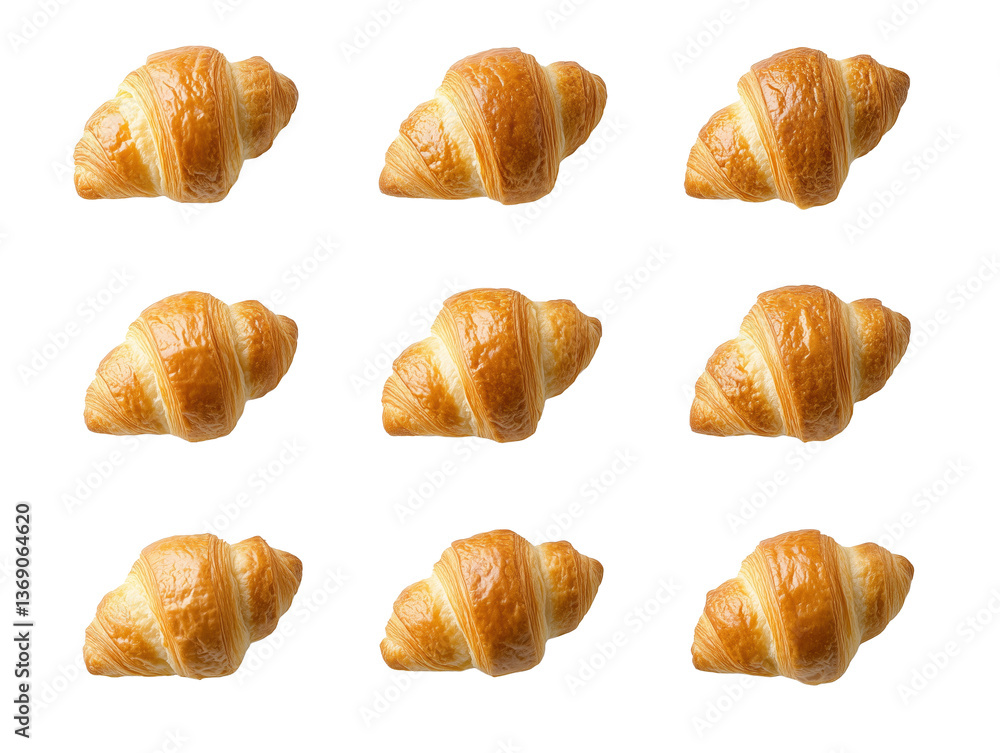Fototapeta premium Golden Croissants Pattern on White Background: Fresh, Flaky, and Delicious Pastry Display