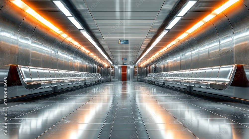 Modern subway station interior, empty platform, orange lighting, reflective floor Modern subway station interior, empty platform, orange lighting, reflective floor