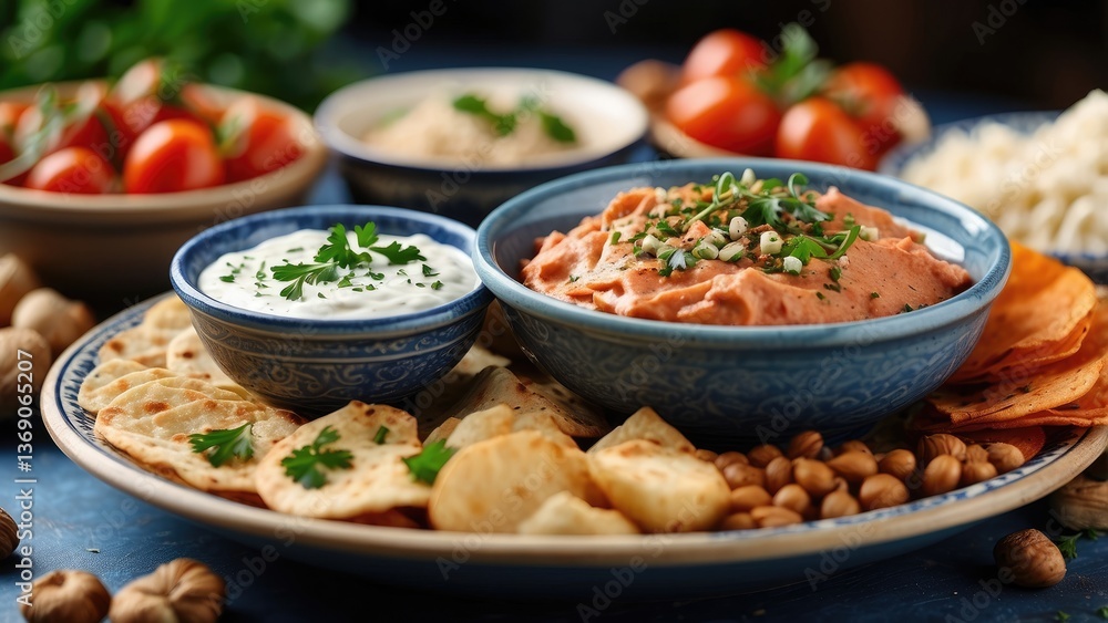 A vibrant spread of Mediterranean cuisine featuring a skillet of sautéed vegetables with cherry tomatoes and herbs, A vibrant spread of Mediterranean cuisine featuring a skillet of sautéed vegetables with cherry tomatoes and herbs,