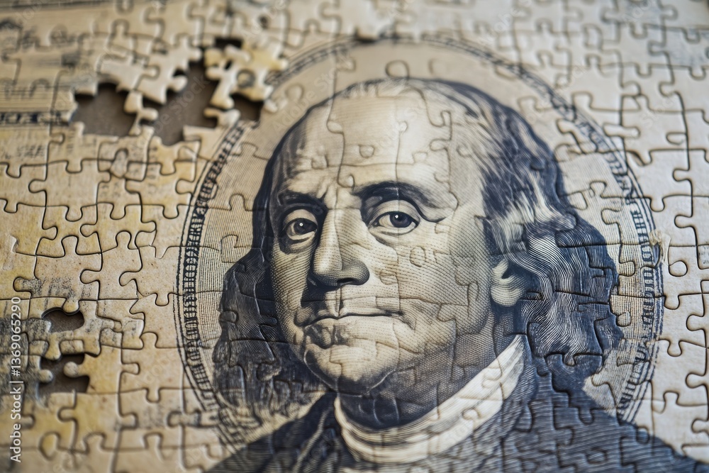 custom made wallpaper toronto digitalJigsaw puzzle featuring benjamin franklin portrait with missing piece symbolizing financial strategy