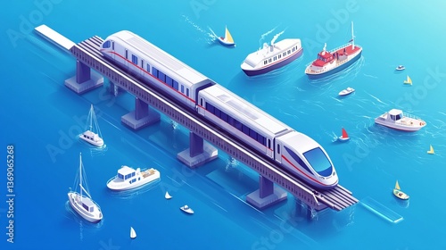 An isometric vector illustration of a train crossing a bridge, with boats navigating the water below, set against a blue background, representing transportation.