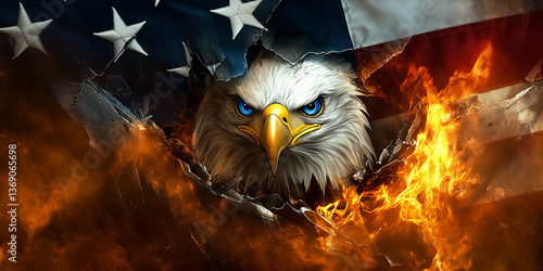 Close-up digital illustration of a bald eagle's head and upper body emerging from a rip in an American flag engulfed in flames. The eagle is rendered with highly detailed feathers, intense blue eyes,