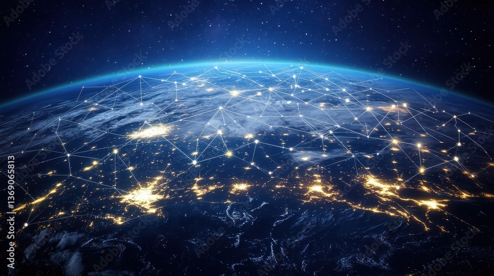 Stunning View of Earth from Space Showcasing Dynamic Network of Connections and Bright City Lights Against a Starry Background in High Definition Image Stunning View of Earth from Space Showcasing Dynamic Network of Connections and Bright City Lights Against a Starry Background in High Definition Image