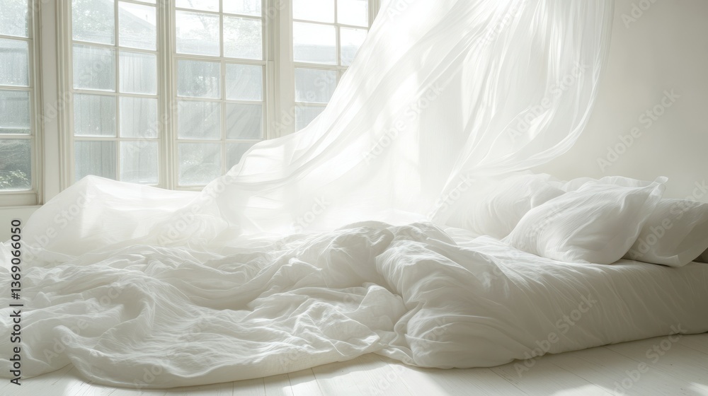 All-white bedroom scene with a large bed and flowing sheer curtains. All-white bedroom scene with a large bed and flowing sheer curtains.