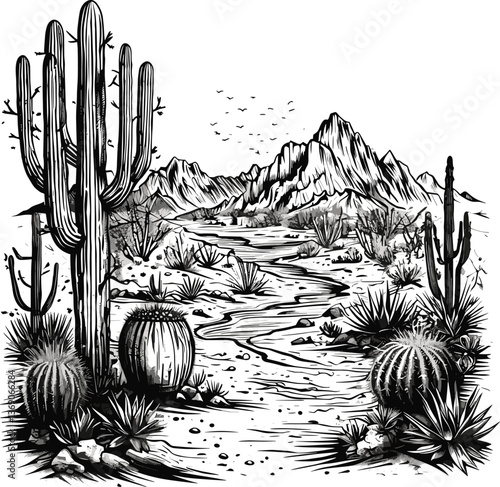 desert scene featuring towering cacti, rolling sand dunes, distant mountains, and dramatic cloudy sky sketch engraving generative ai vector illustration.