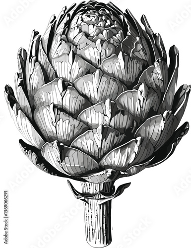 artichoke with intricate layers of leaves, drawn in an engraved, woodcut style sketch engraving generative ai vector illustration. 