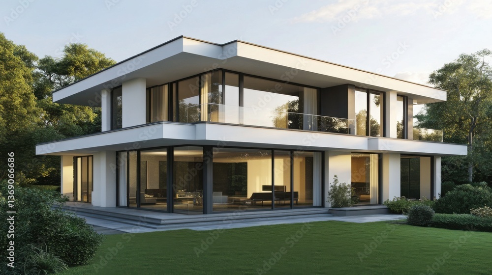 Luxury residential architecture featuring a new home with expansive windows overlooking a lush garden lawn Luxury residential architecture featuring a new home with expansive windows overlooking a lush garden lawn