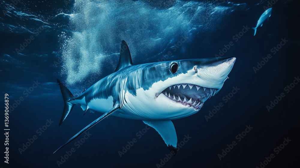 Fototapeta premium Close-up underwater shot of a great white shark. The image is dominated by cool, dark blue tones, with a hazy, lighter blue area in the upper portion, suggesting movement in the water. The shark is
