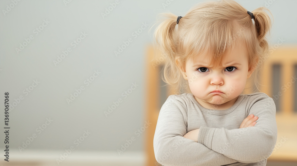 Close-up frontal view of a toddler girl with blonde hair styled in pigtails. The child is exhibiting a displeased expression, with her arms crossed tightly across her chest. Her face displays a Close-up frontal view of a toddler girl with blonde hair styled in pigtails. The child is exhibiting a displeased expression, with her arms crossed tightly across her chest. Her face displays a