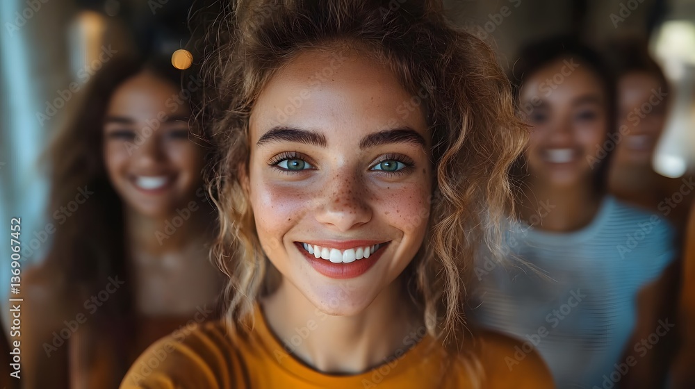 Smiling women selfie, indoor setting, blurred background Smiling women selfie, indoor setting, blurred background