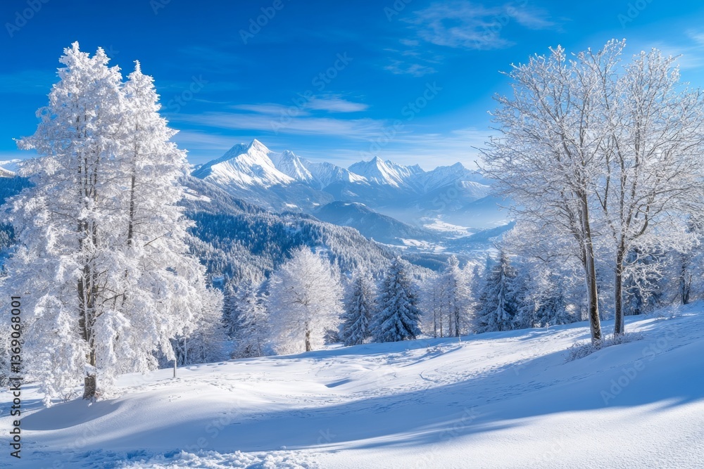Obraz premium Enchanting winter landscape snowy hills, white rime trees, and majestic alpine peaks under blue sky