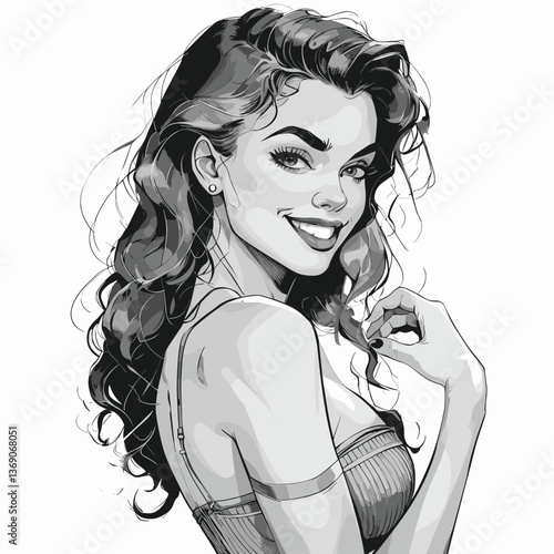 glamorous woman smiling over her shoulder, confidence and charm, classic beauty sketch engraving generative ai fictional character vector illustration.