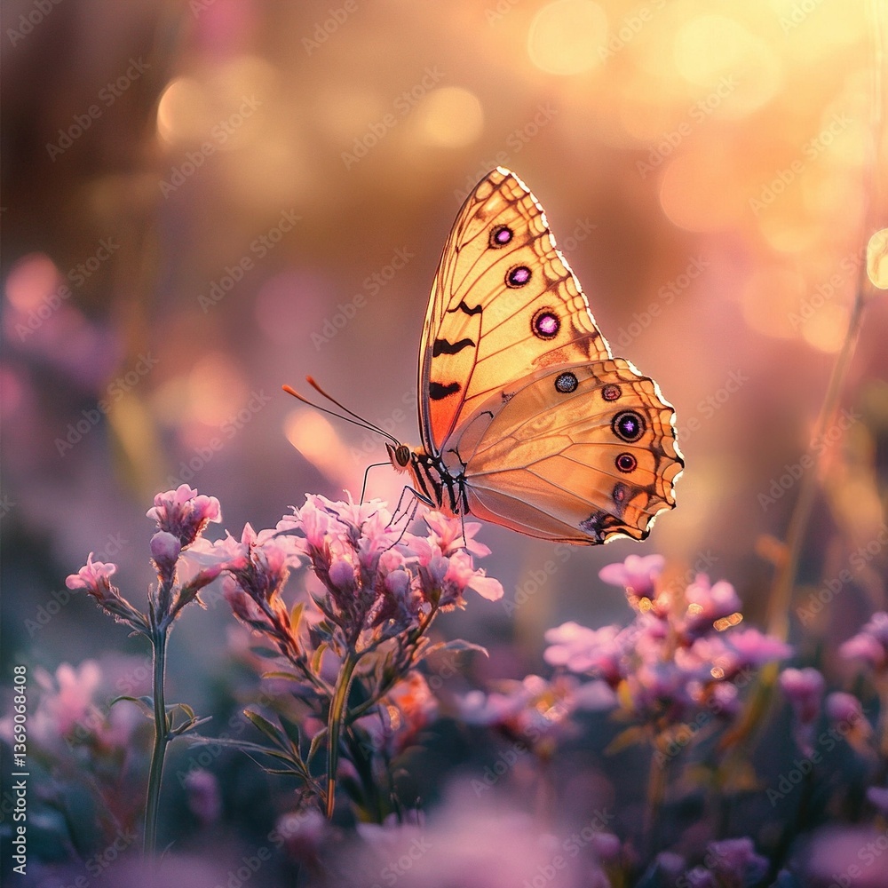 Obraz premium A stunning butterfly with vibrant wings perched on delicate flowers against a bokeh background during golden hour. Monarch butterfly feeding during migration. The enchanting atmosphere of nature's bea