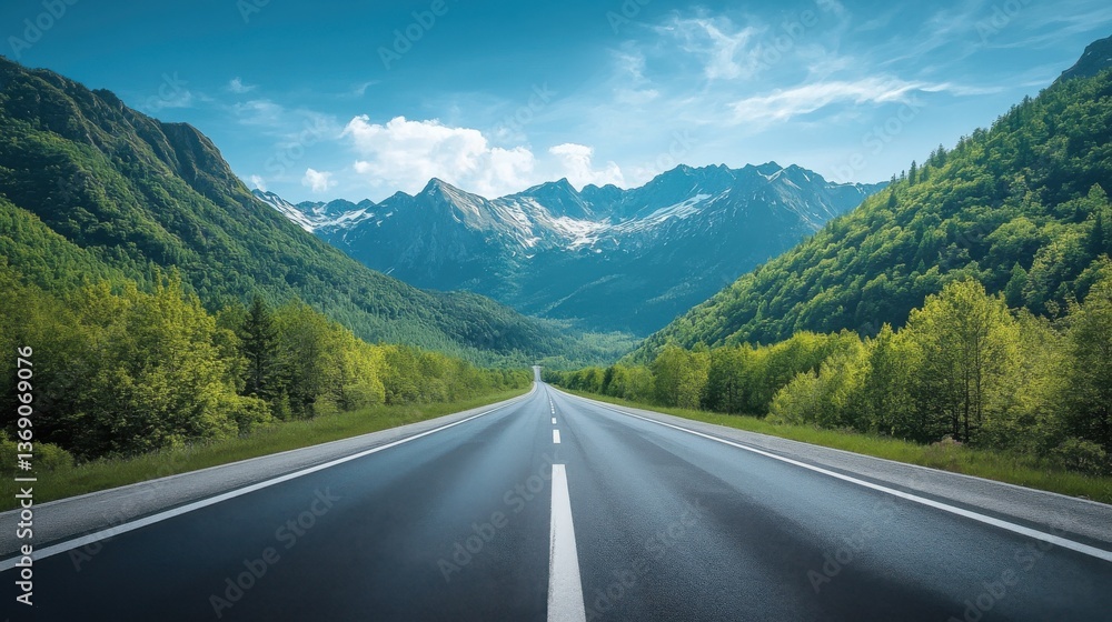 Fototapeta premium Asphalt highway road and green forest with mountain natural landscape under blue sky : Generative AI.