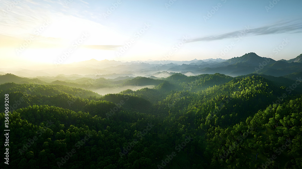 Naklejka premium Aerial View Of Misty Green Forest At Sunrise