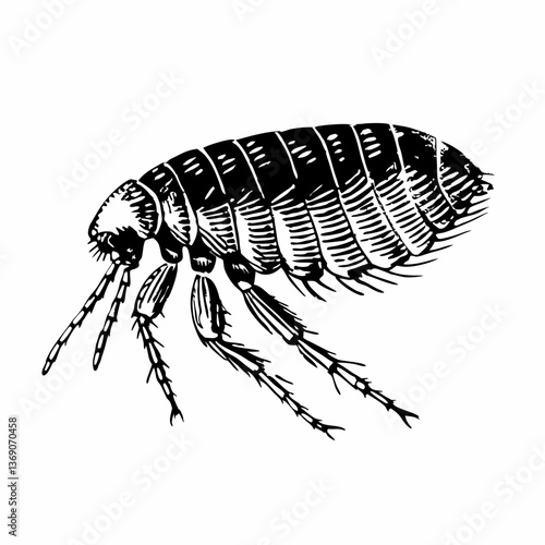 Detailed flea illustration depicts insect in profile. Black and white drawing highlights segmented body and legs. Scientific concept for biology, parasitology, veterinary medicine.