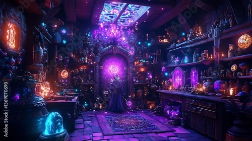 Mystical Room with Glowing Crystals and a Wizard