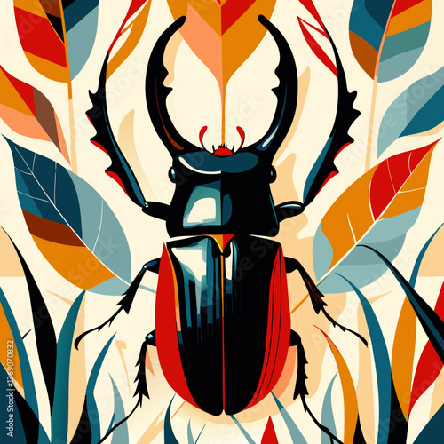 Stag beetle looking up, vibrant foliage surrounds; bold entomology concept for eco brands, outdoor gear, biology clubs