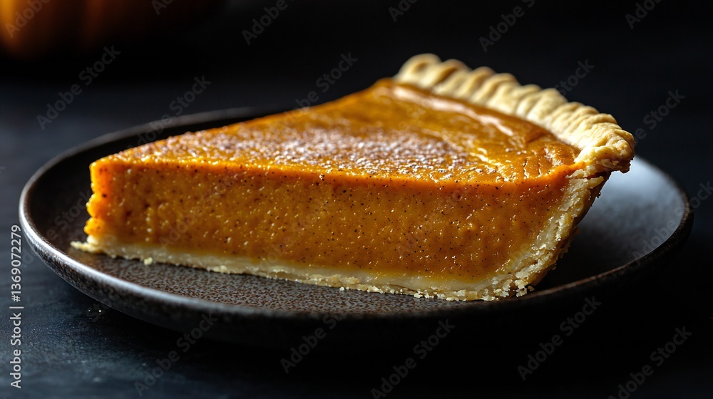 A slice of delicious homemade pumpkin pie on a dark plate Perfect autumn dessert recipe Thanksgiving treat Sweet pumpkin pie A slice of delicious homemade pumpkin pie on a dark plate Perfect autumn dessert recipe Thanksgiving treat Sweet pumpkin pie
