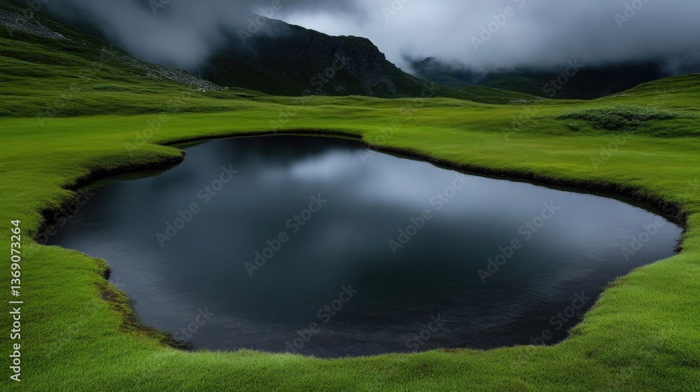 Fototapeta premium Serene mountain pond nestled in grassy valley. Misty mountains in the background