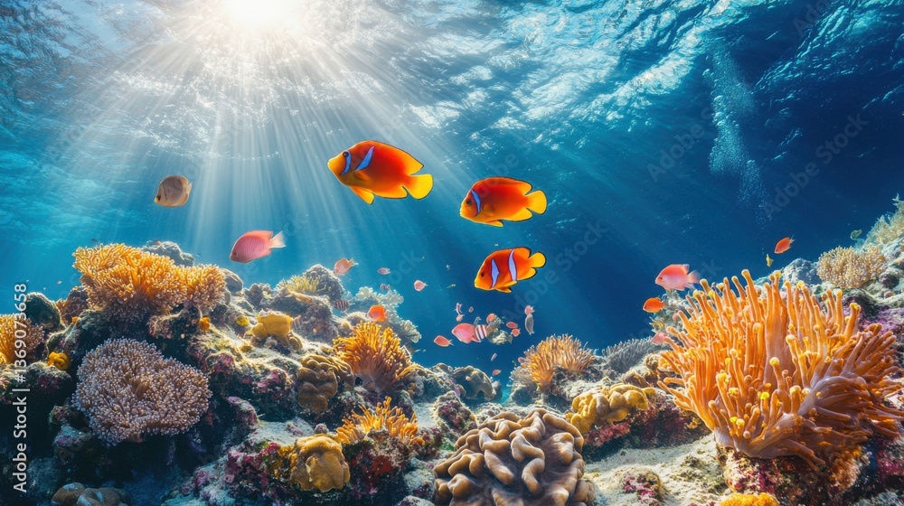 Naklejka premium Vibrant Underwater Scene with Colorful Coral Reefs and Lively Tropical Fish Illuminated by Sunlight Rays in a Crystal-Clear Ocean Environment