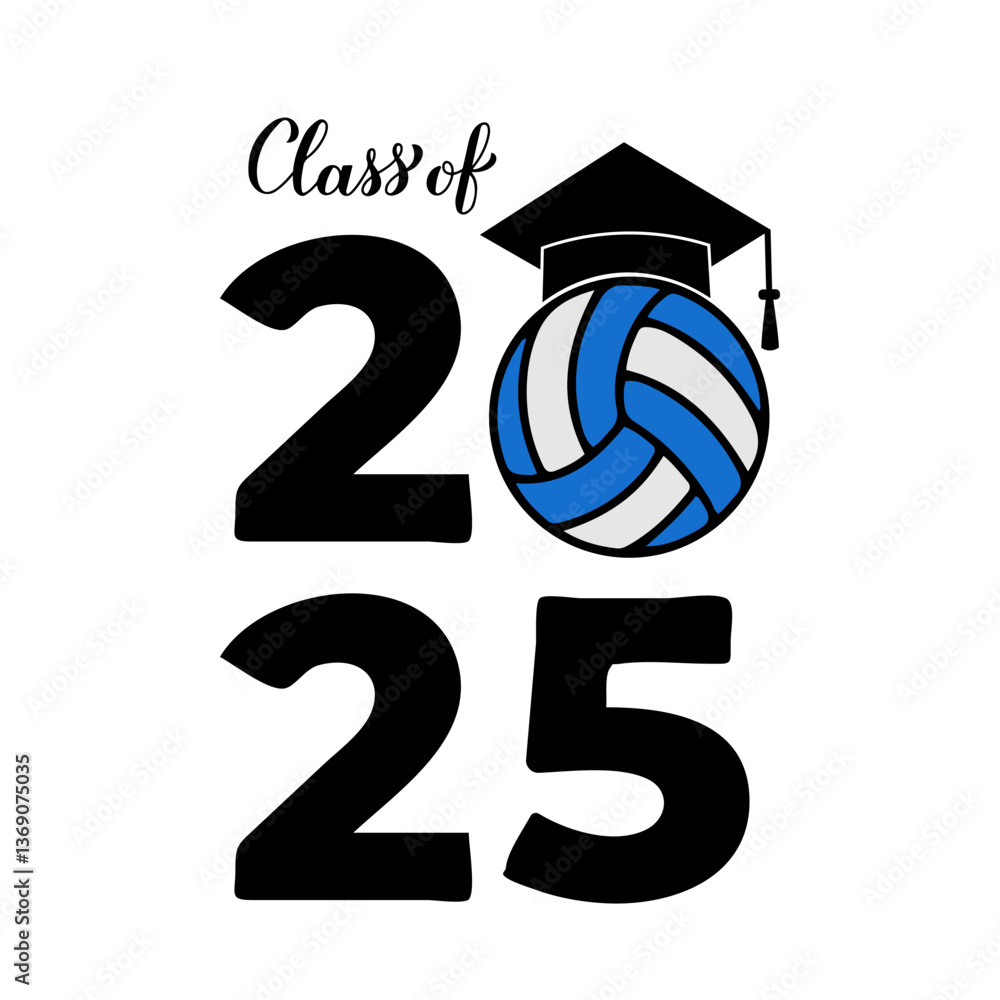 Class of 2025 lettering with graduation hat and volleyball ball. Congratulations to graduates typography poster. Vector template for greeting card, banner, sticker, shirt, etc.