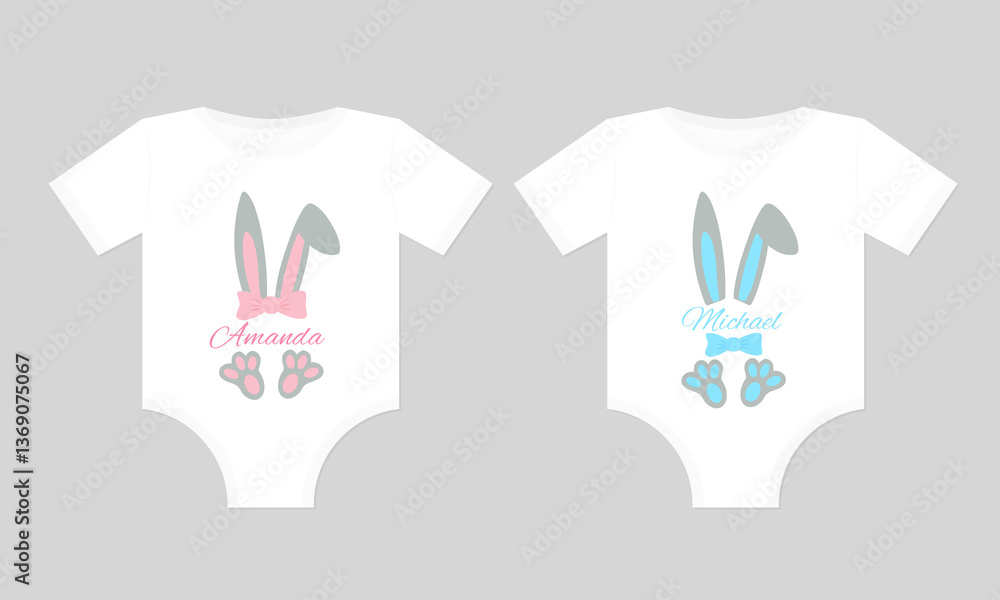 Easter baby monogram for girl and boy on baby onesie. Funny Easter design. Vector template for poster, greeting card, banner, sticker, etc.
