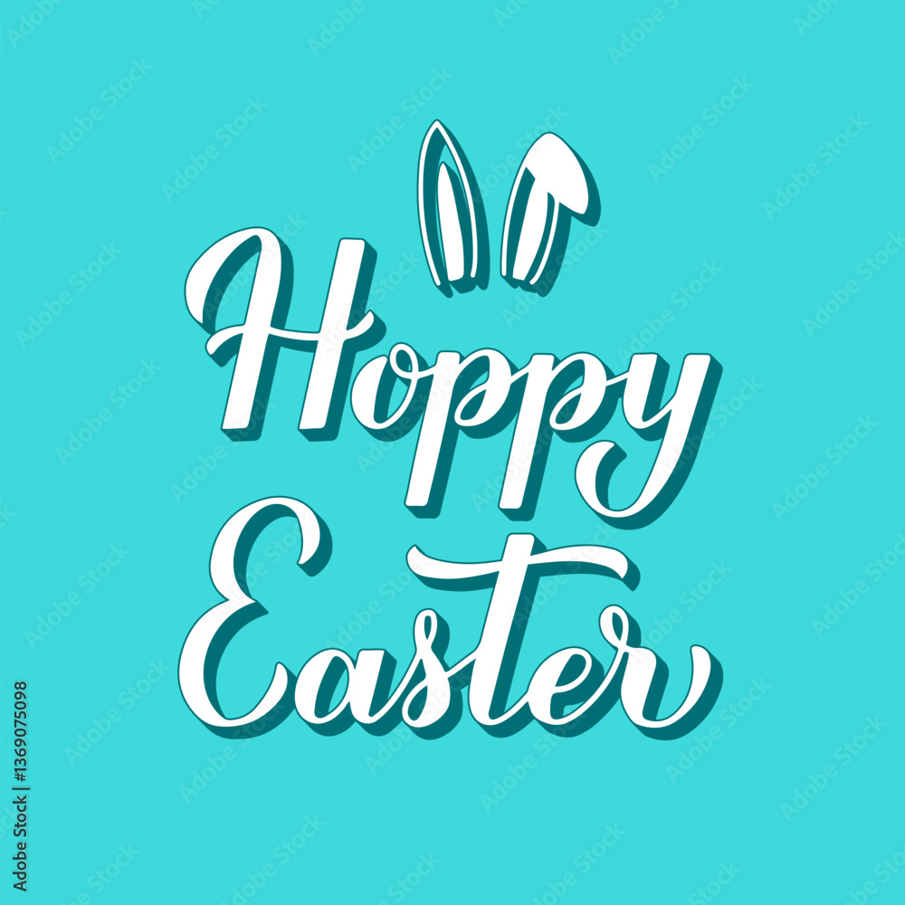 Hoppy Easter 3d lettering on mint green background. Easter pun quote typography poster. Vector template for party invitation, greeting card, banner, etc.