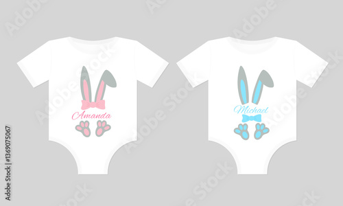 Easter baby monogram for girl and boy on baby onesie. Funny Easter design. Vector  template for poster, greeting card, banner, sticker, etc.