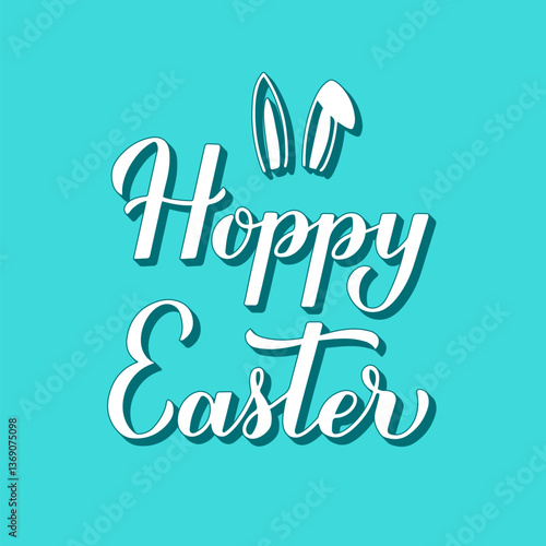 Hoppy Easter 3d lettering on mint green background. Easter pun quote typography poster. Vector template for party invitation, greeting card, banner, etc.