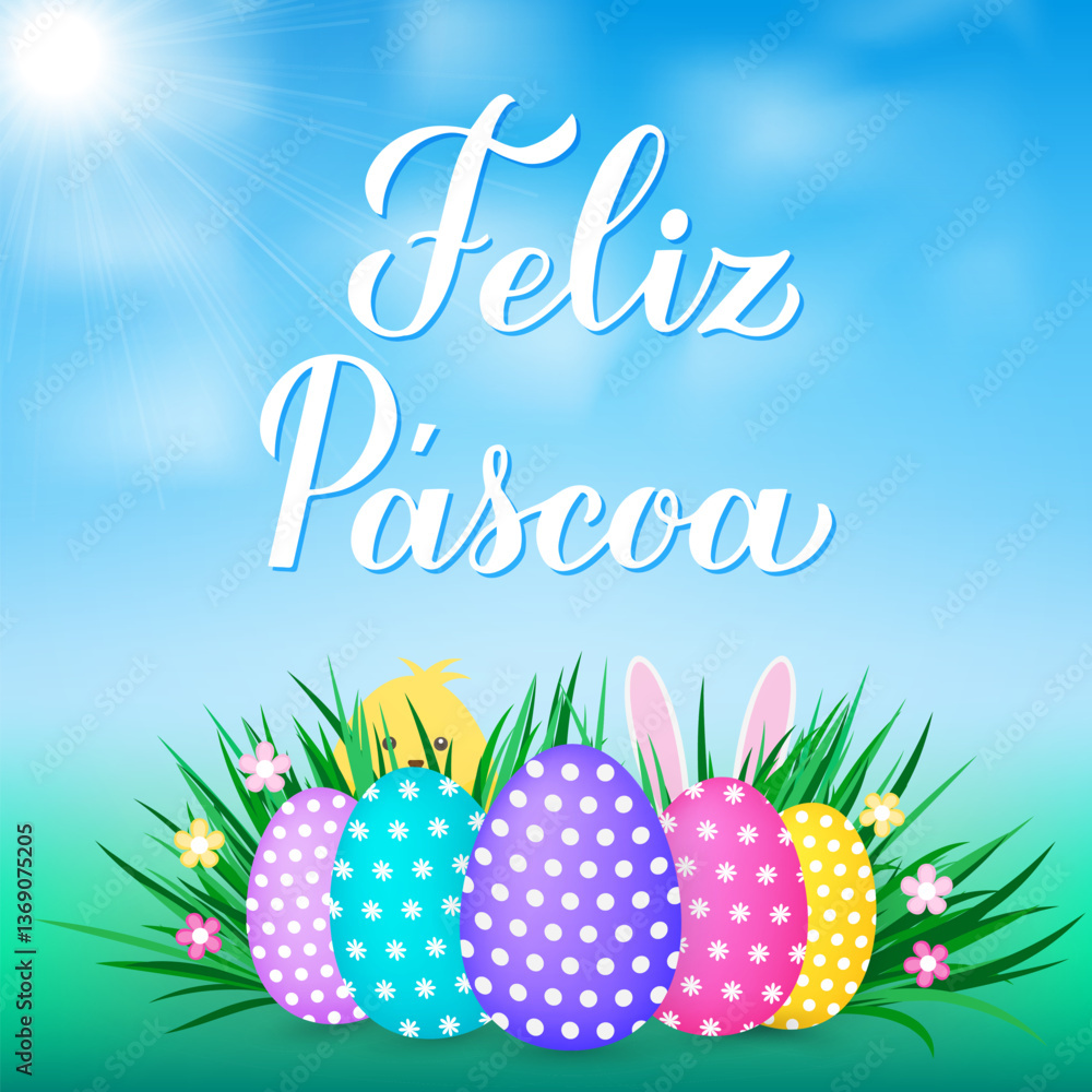 Happy Easter calligraphy hand lettering in Portuguese language. Easter eggs on grass, cute cartoon bunny and chicken. Vector template for typography poster, greeting card, banner, etc.