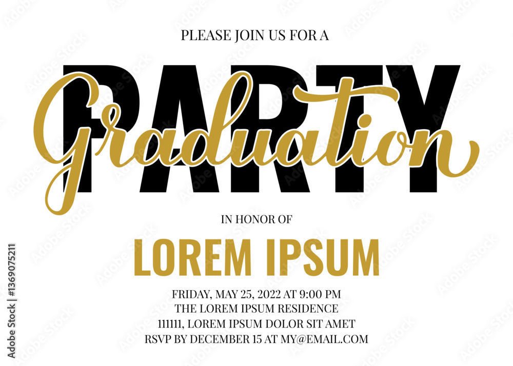 Graduation party invitation card. Graduation celebration announcement. Grad party invite. Vector template.