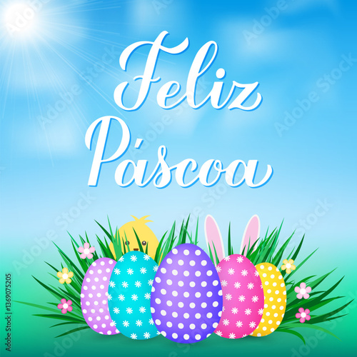 Obraz na płótnie Happy Easter calligraphy hand lettering in Portuguese language. Easter eggs on grass, cute cartoon bunny and chicken. Vector template for typography poster, greeting card, banner, etc. w salonie